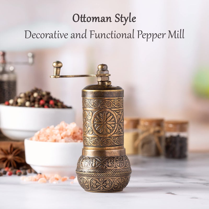 Crystalia Decorative Black Pepper Grinder, Refillable Turkish Spice Mill with Adjustable Coarseness, Manual Pepper Mill with Handle, Spice Grinder Metal with Hand Crank, Antique Gold - Image 3